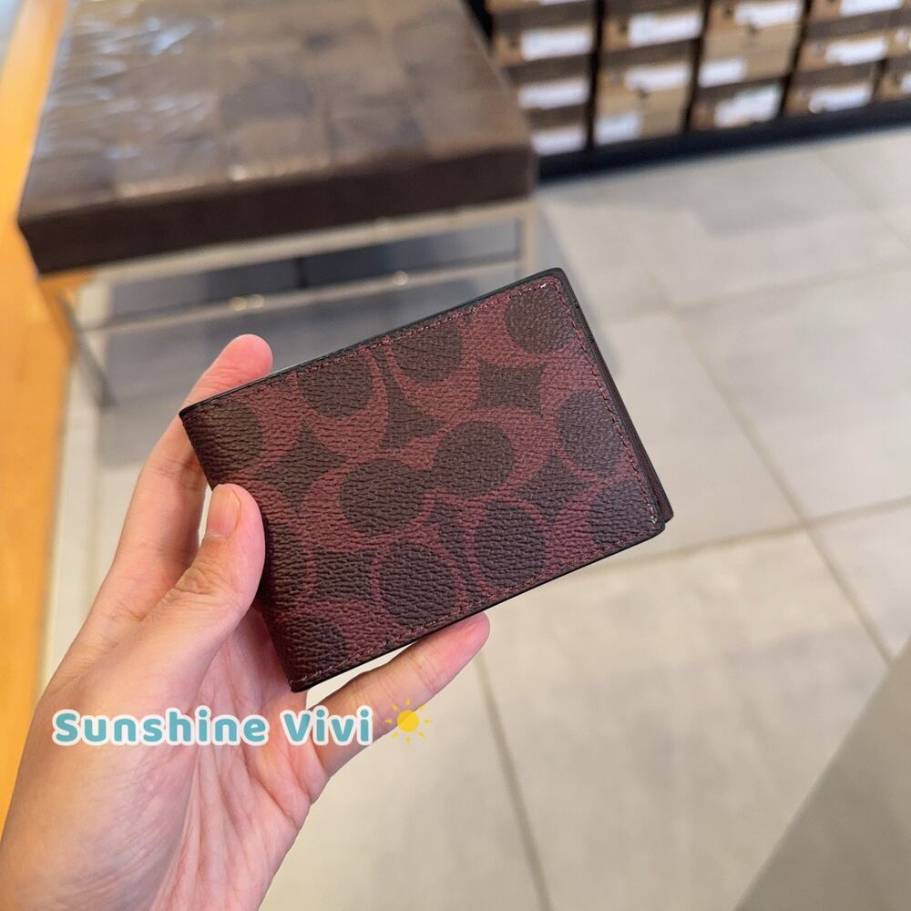 NWT Coach Men's Compact Billfold Coated Canvas Wallet CW368 Black Currant